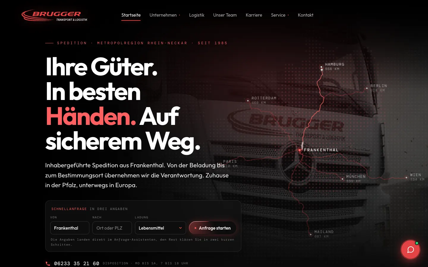 Neue Website der Spedition Brugger: dunkel, rote Route auf Europakarte, Schnellanfrage