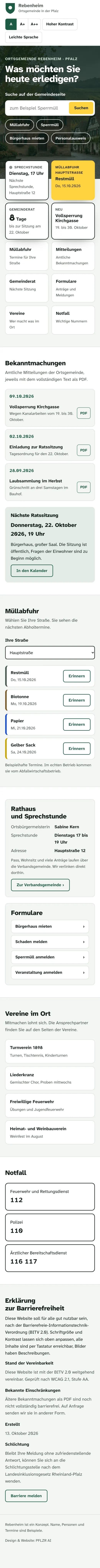 Konzept Ortsgemeinde Rebenheim am Handy: Suche, Live-Kacheln, Müllabfuhr und Schalter für große Schrift