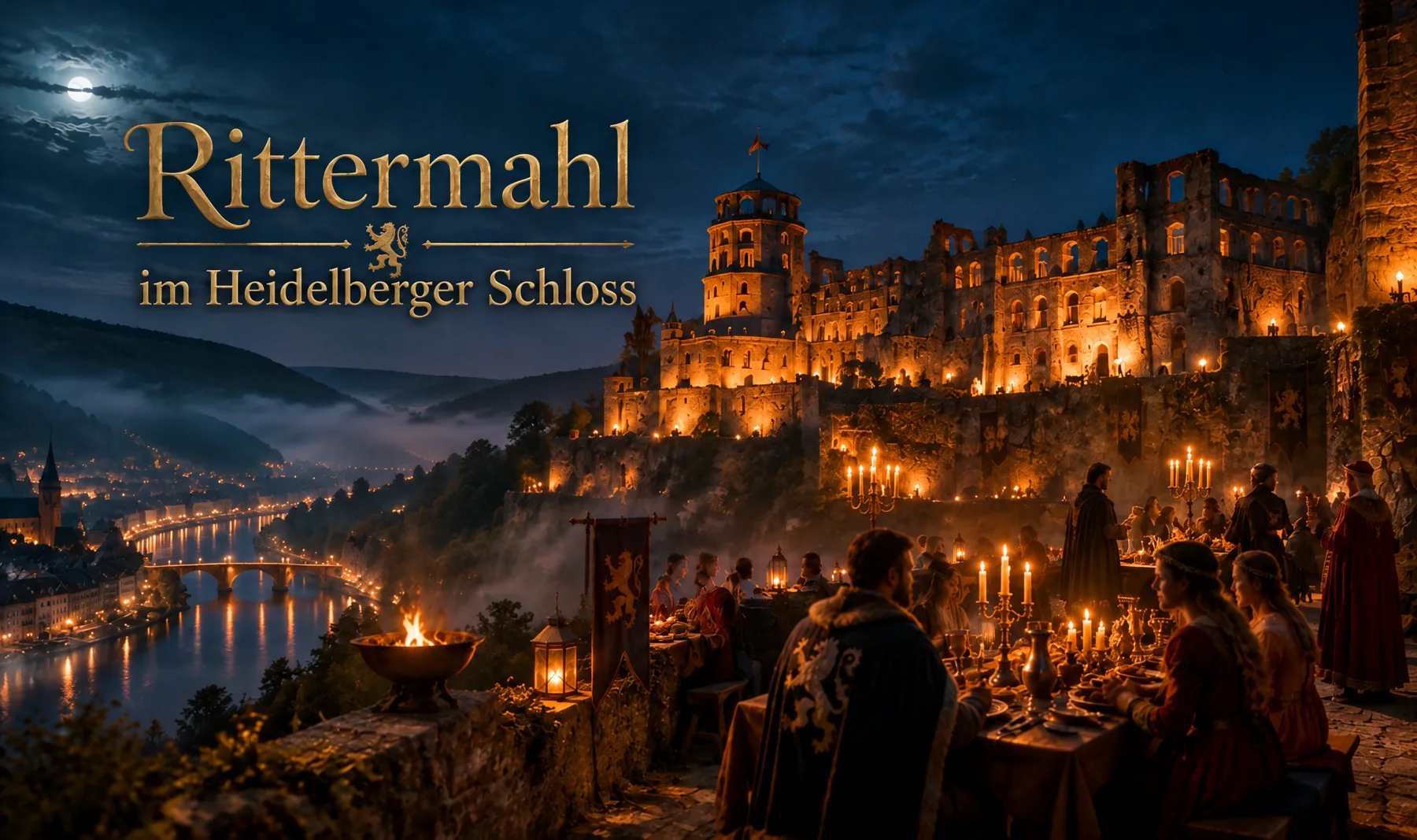 Rittermahl im Heidelberger Schloss: das Schloss bei Nacht mit Kerzenlicht und Titel