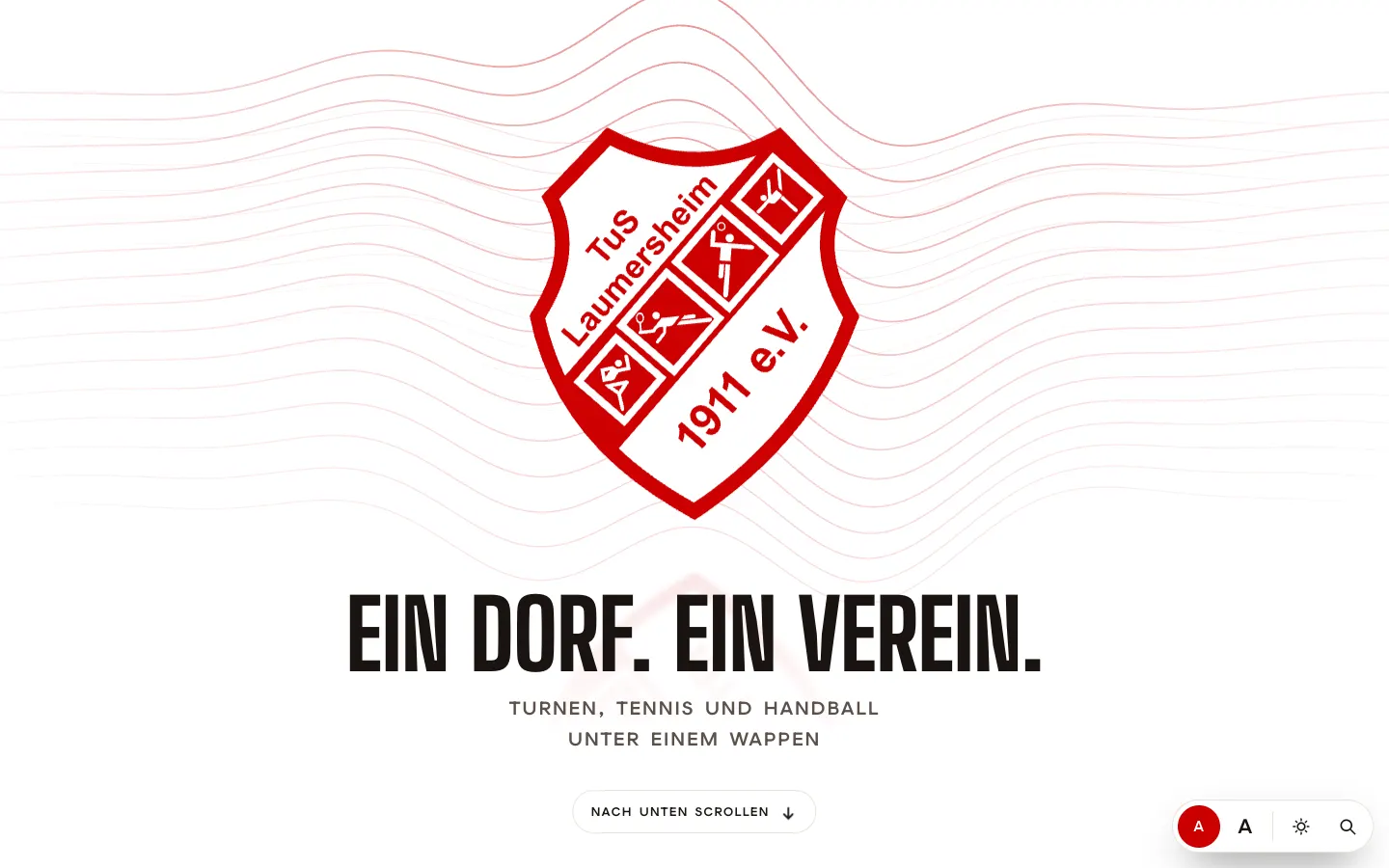 Website-Entwurf TuS Laumersheim: großes Vereinswappen, Slogan „Ein Dorf. Ein Verein.“