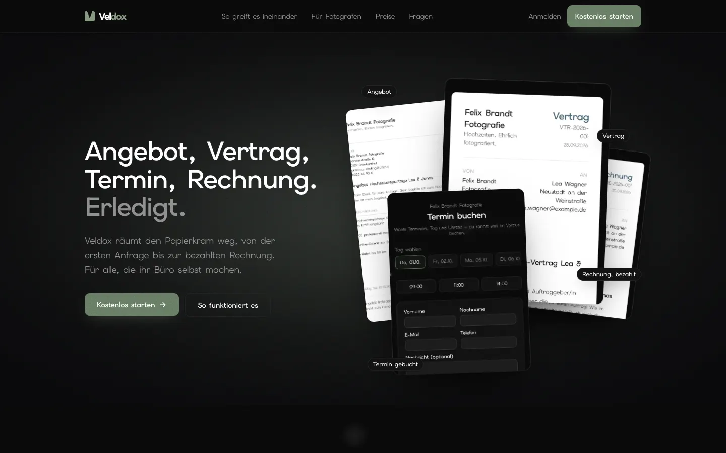 Veldox-Startseite mit der Überschrift „Angebot, Vertrag, Termin, Rechnung. Erledigt.“
