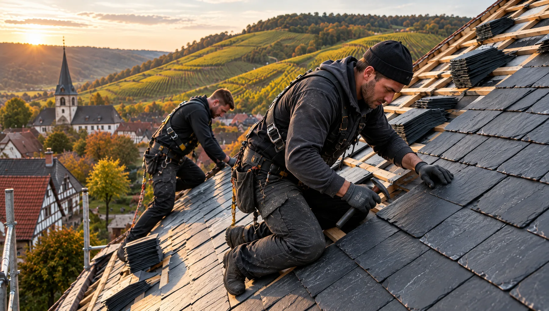 Zwei Dachdecker verlegen Schiefer über einem Pfälzer Dorf