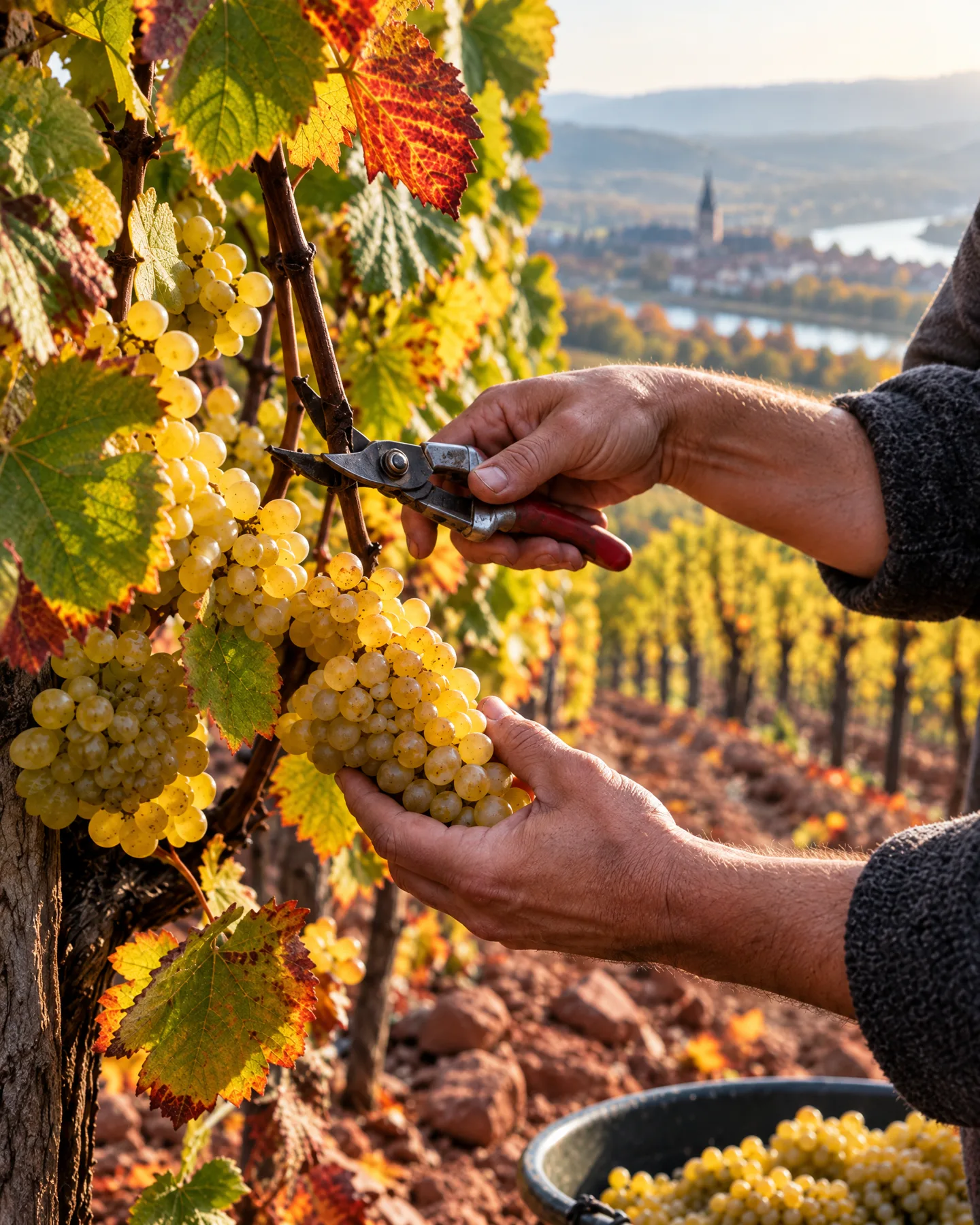 Hände ernten goldene Rieslingtrauben