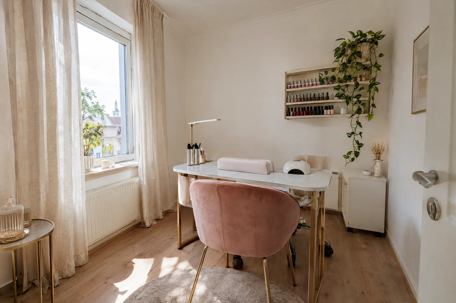 Heller Studioraum mit rosa Sessel